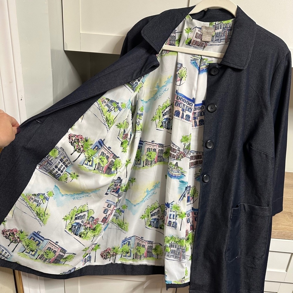 Chico's Size 3 Navy Utility Chore Jacket Lined Novelty Atlantic Coastal Print XL
